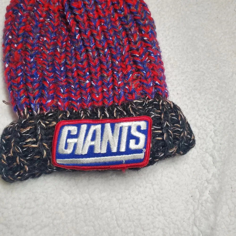GIANTS Red Blue Chunky Knit Winter Beanie Hat Faux Fur Lined Pom Pom Adult